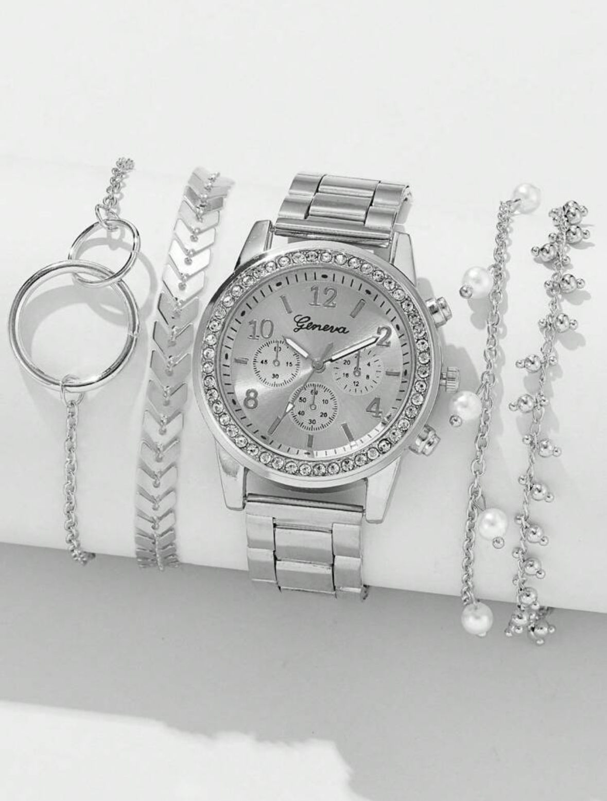 6 Piece Silver Rhinestone Watch & Bracelet Set