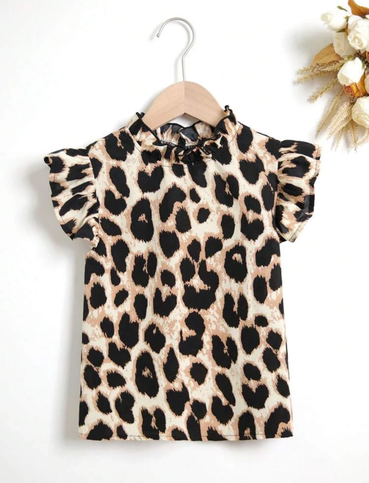 Tween Girl Leopard Ruffle Trim Mock Neck Blouse