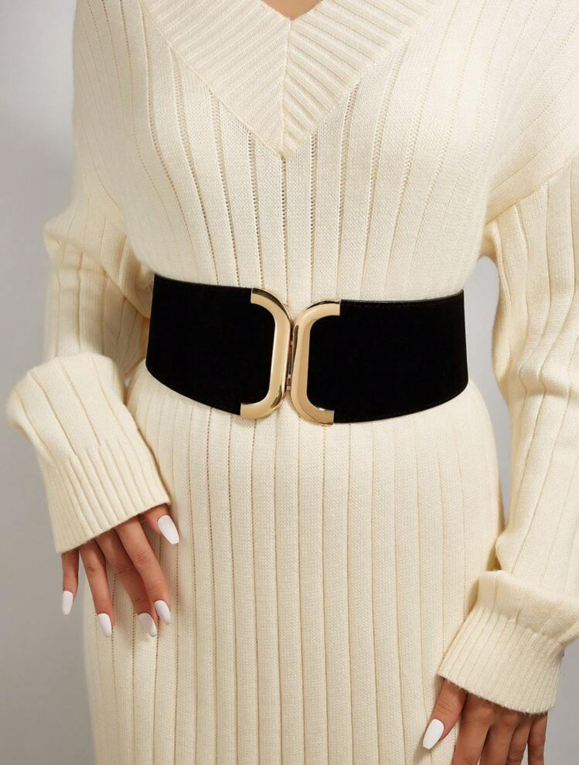 Black Elastic Waistline Belt with Gold Buckle