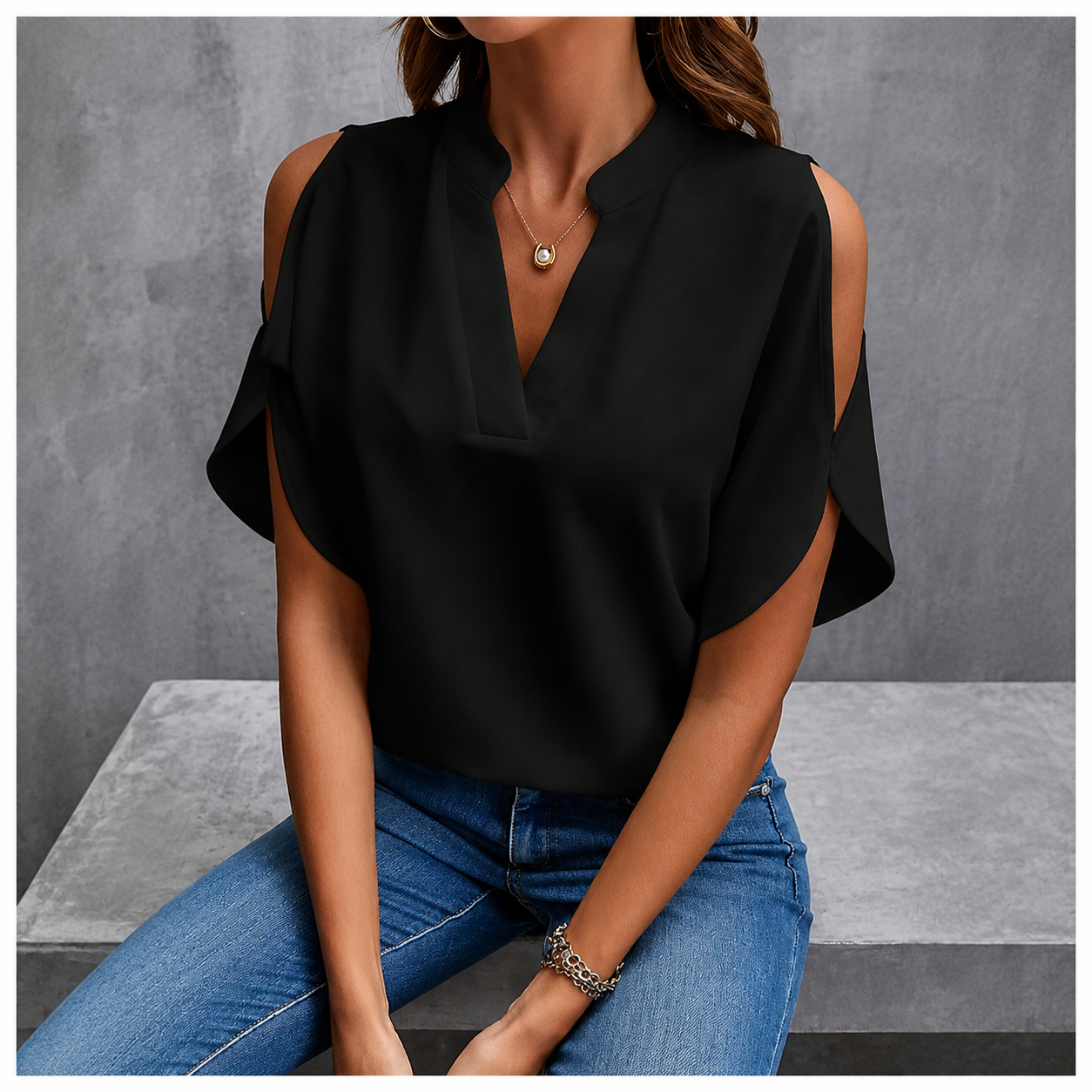 Black Cold Shoulder Pop Up Blouse
