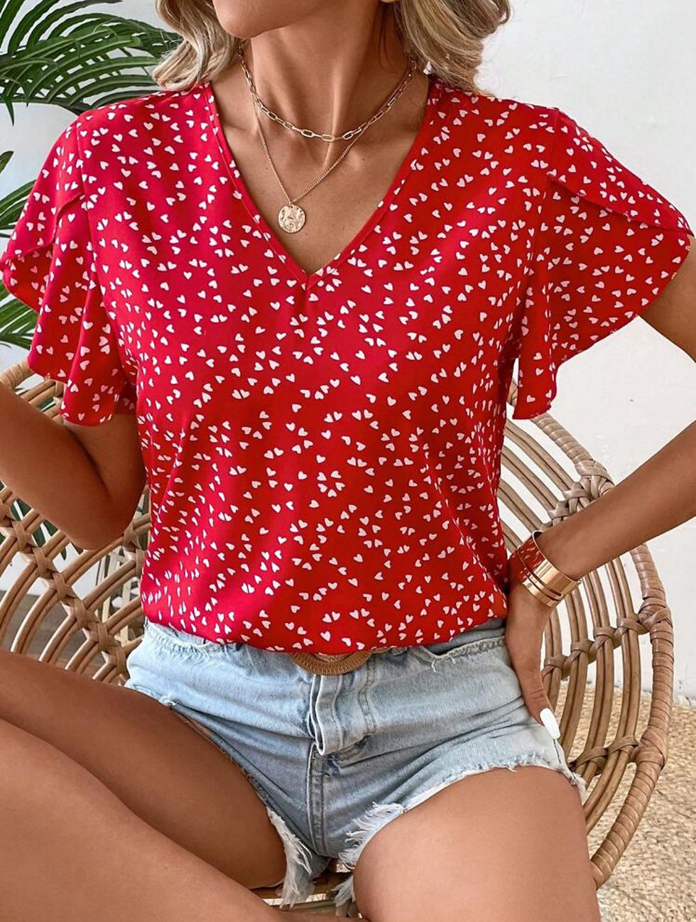 Thumbnail: Red Hearts Ruffle Sleeve Blouse