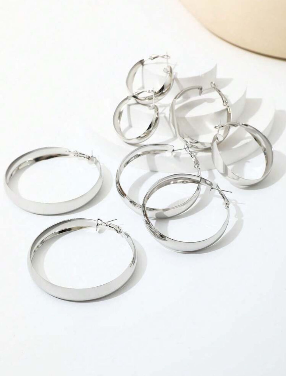 Thumbnail: 4 Pairs Large Silver Hoop Earrings