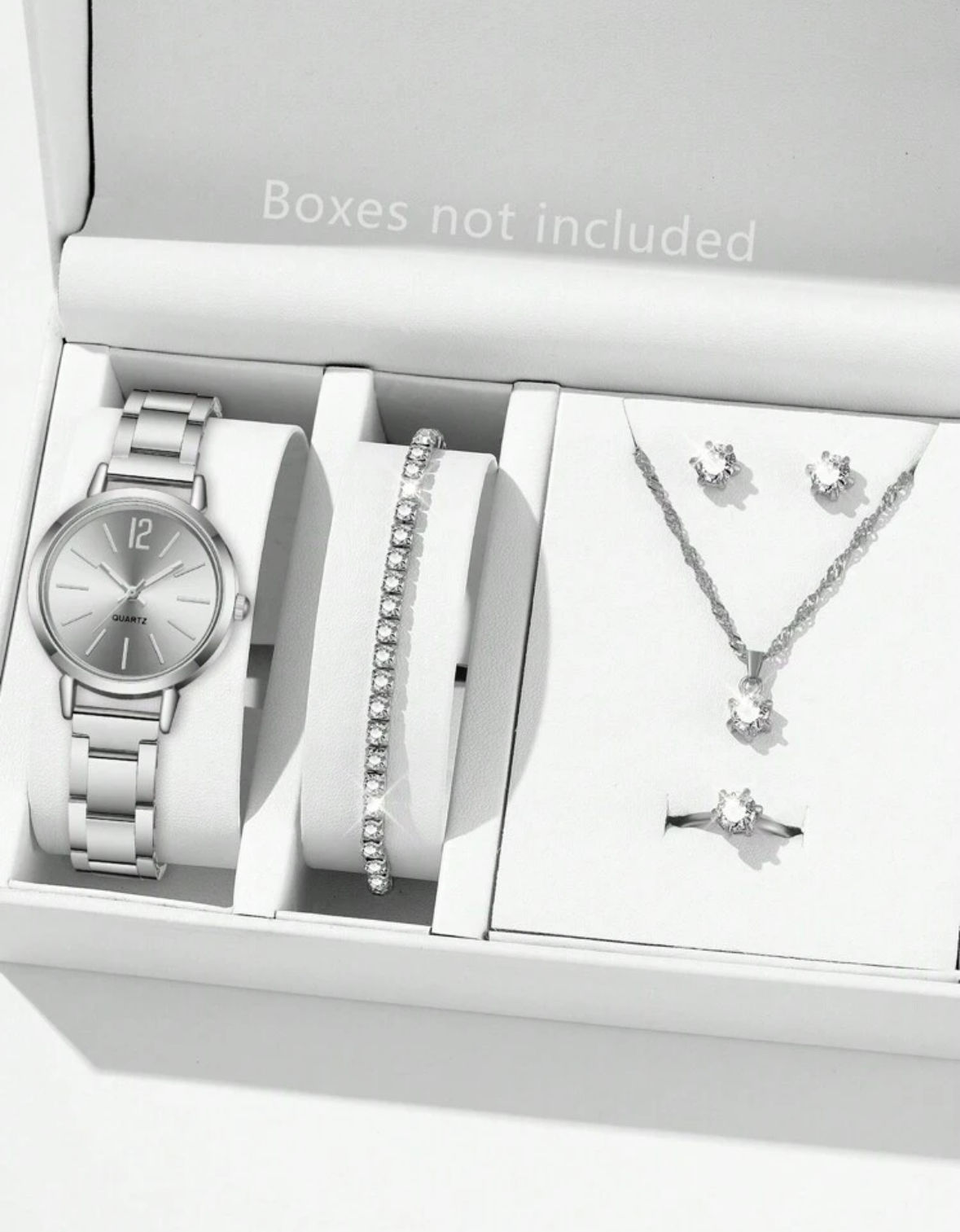 6 Piece Silver Watch with Bracelet & Necklace Set