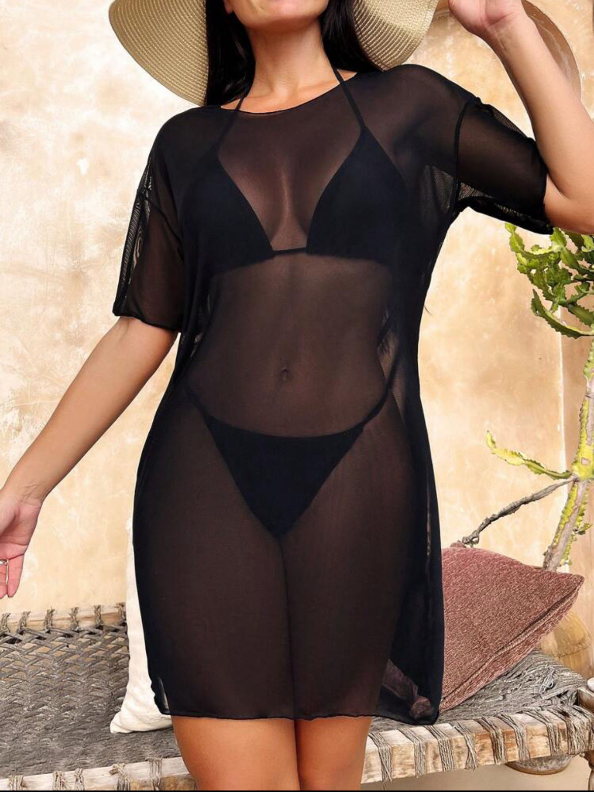 Ladies Black Sheer Mesh Cover Up Dress