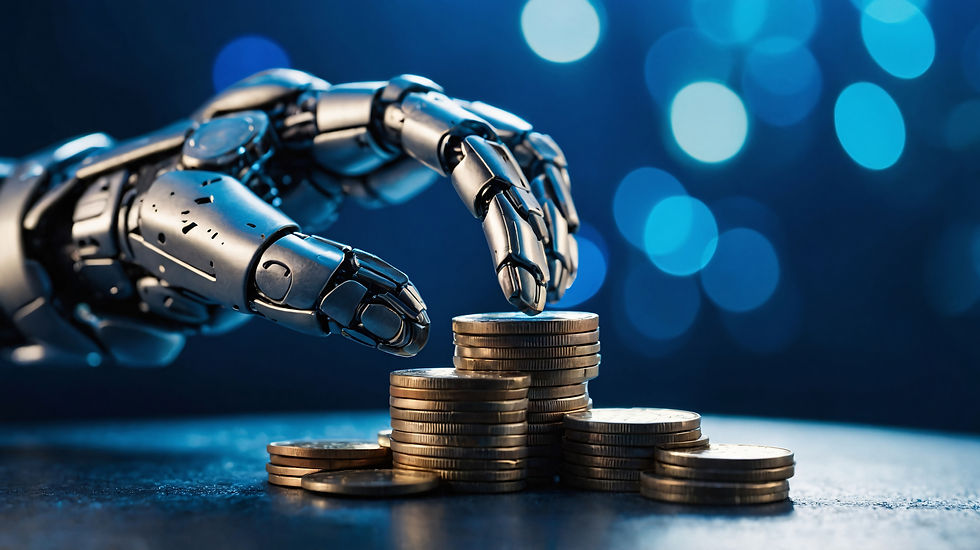 A robotic hand stacks coins on a table against a blurred blue background with circular lights, indicating a futuristic financial theme.