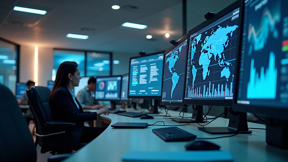 Eye-level view of a modern office with multiple computer screens displaying data analytics