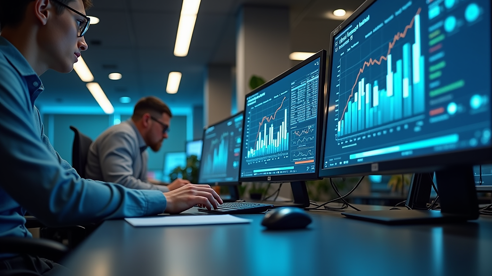Eye-level view of a modern office workspace with multiple computer screens displaying data analytics