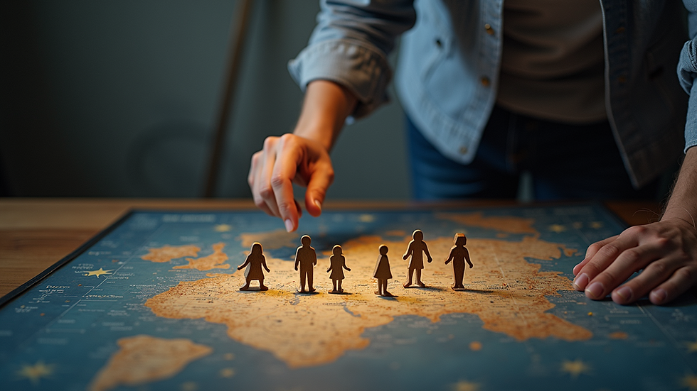 Plano medio de una persona señalando figuras en un tablero de constelaciones familiares