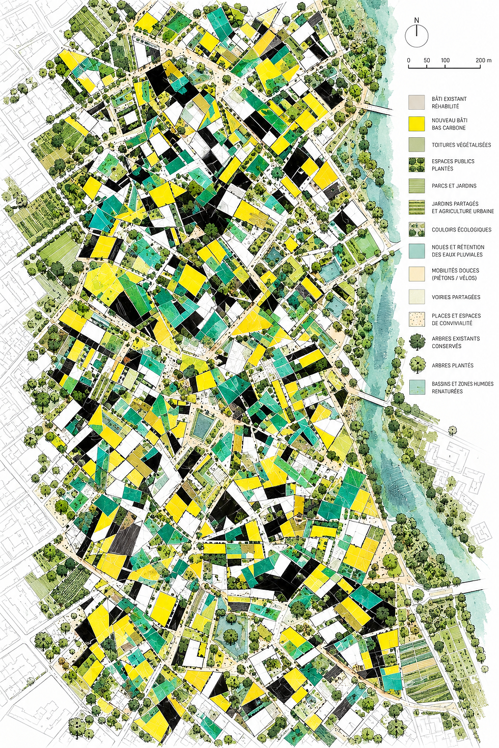 Plan directeur éco-urbain en aquarelle