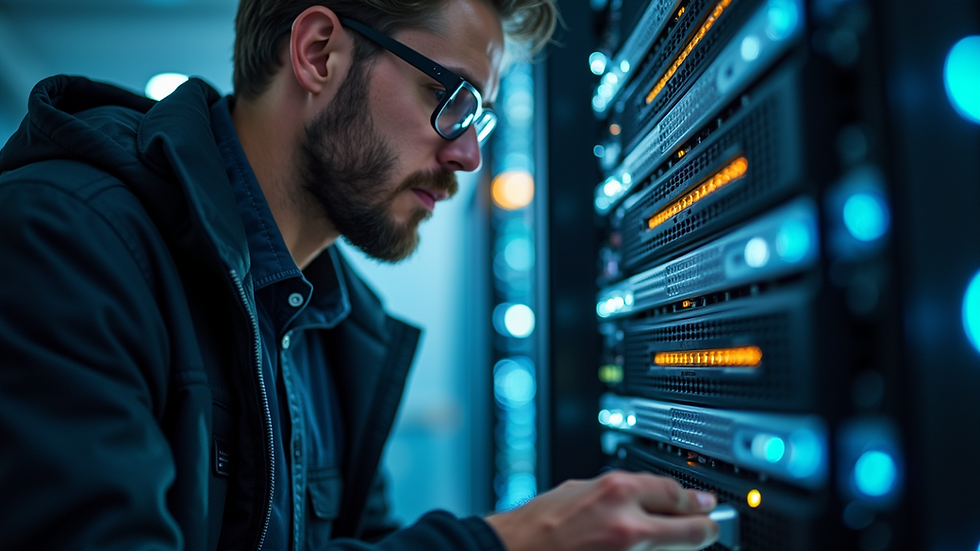 Close-up view of a technician configuring network hardware in a server room