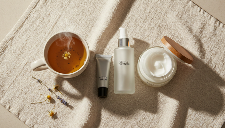 Overhead view of a night-time skincare routine laid on a linen towel.