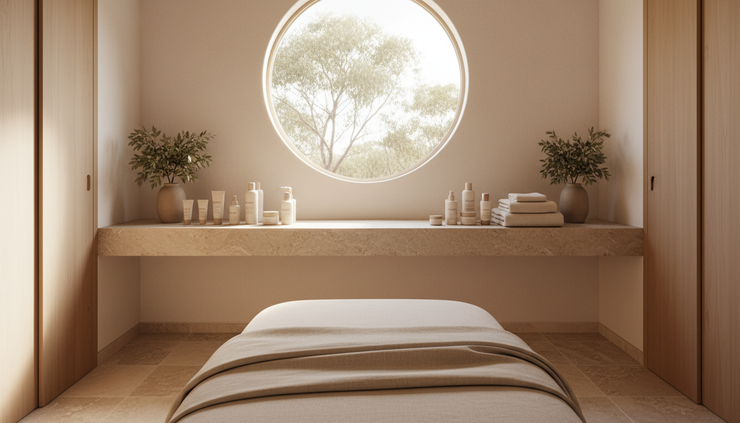 Wide-angle view of a calm treatment room with skincare bottles on a stone shelf