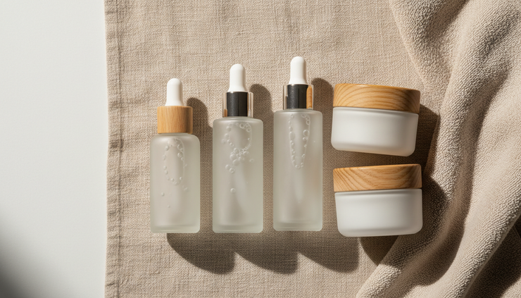 Eye-level view of selected skincare products arranged on a linen surface.