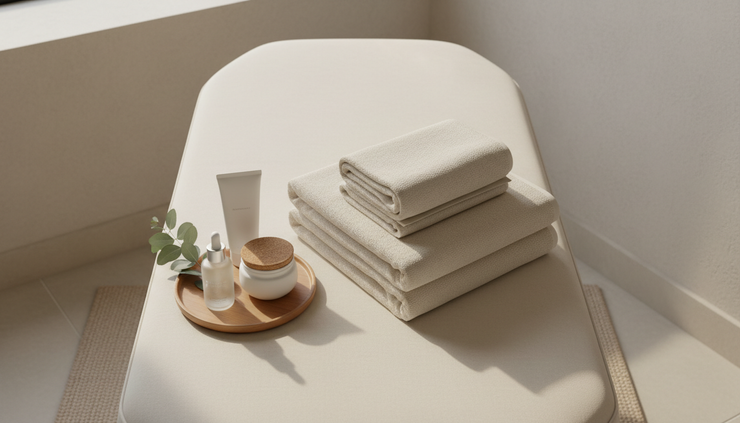 Overhead view of a calm treatment room with soft towels and skin products ready.