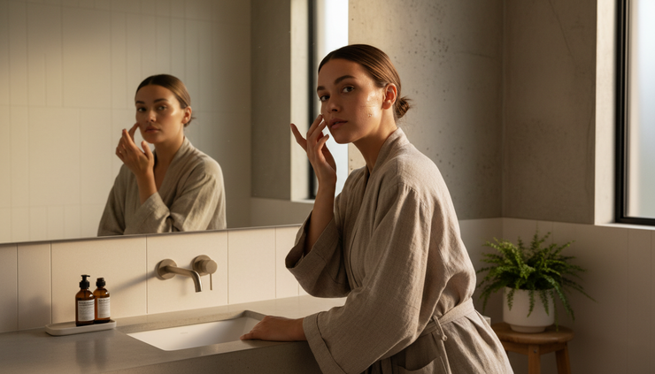 Eye-level view of a person applying serum in front of a softly lit mirror