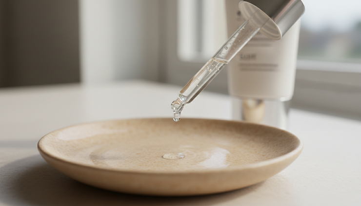 Close-up view of a clear serum dropper held above dewy skin-toned ceramic.