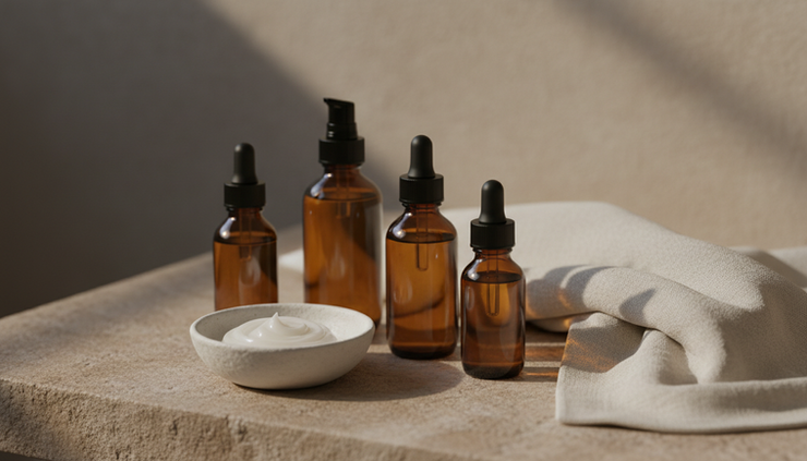 Close-up view of amber skincare bottles beside a ceramic dish in soft bathroom light