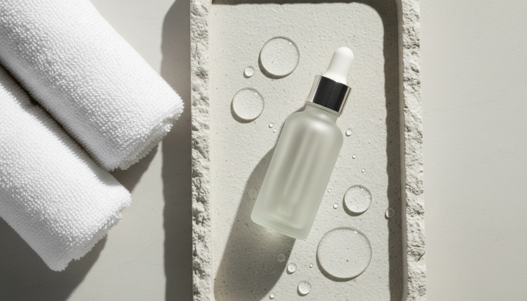 Top-down view of a glass dropper bottle beside water droplets and white cotton towels