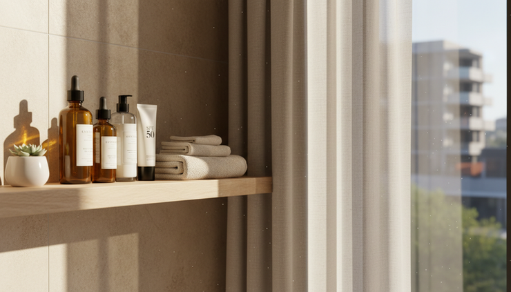Eye-level view of skincare bottles beside a bathroom window in soft morning light.