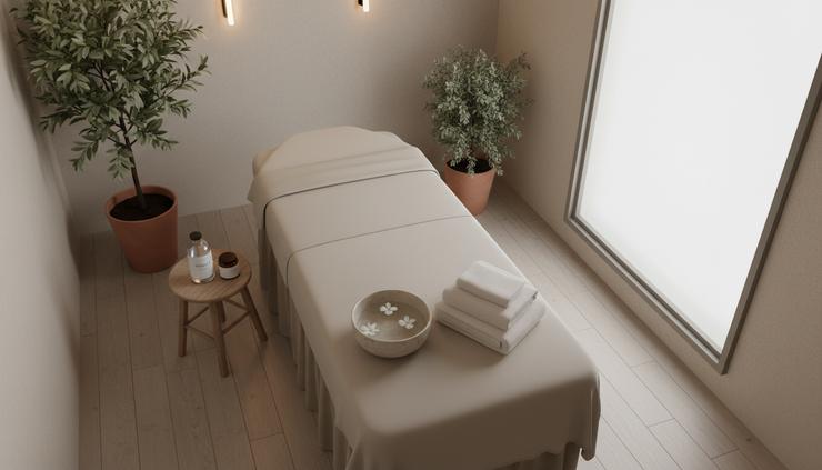 Overhead view of a softly lit treatment room prepared for a facial.