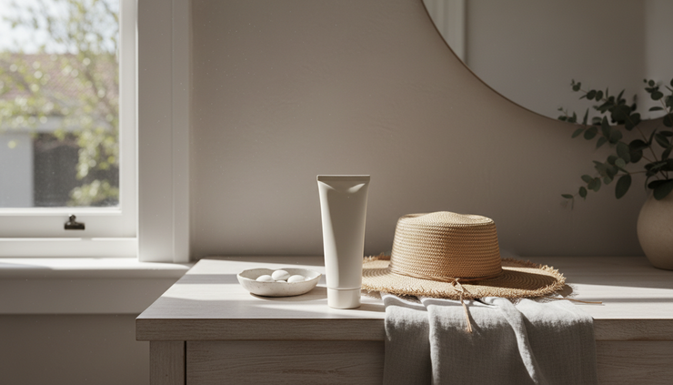Wide-angle view of a spring morning vanity with sunscreen and a wide-brim hat.