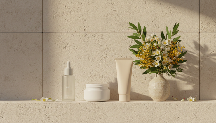Eye-level view of a calm bathroom shelf with spring skincare products and fresh flowers.