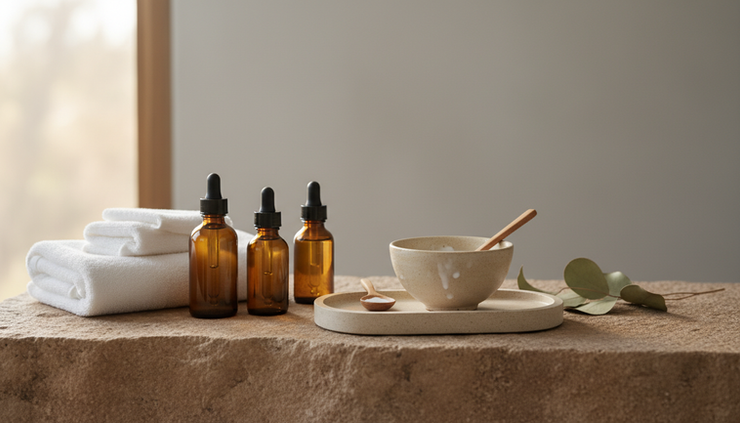 Close-up view of a calm skincare ritual beside a bathroom basin.