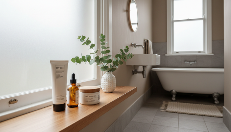 Wide-angle view of a calm Melbourne terrace bathroom with skincare arranged near a sunlit window.