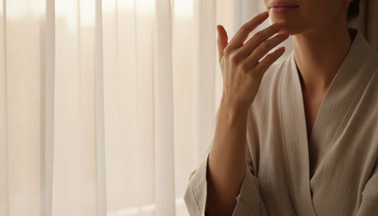 Close-up of a hand applying a lightweight serum beside a sunlit window.