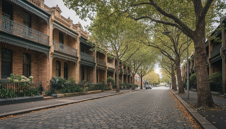 Wide-angle view of Melbourne terrace houses in soft seasonal light.
