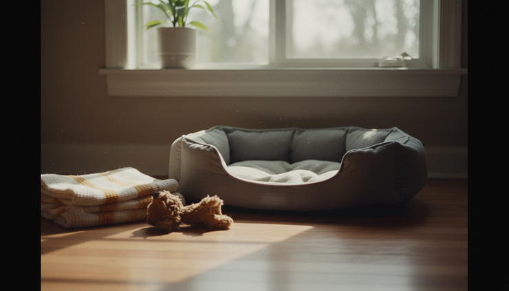 Eye-level view of an empty pet bed beside a softly lit window