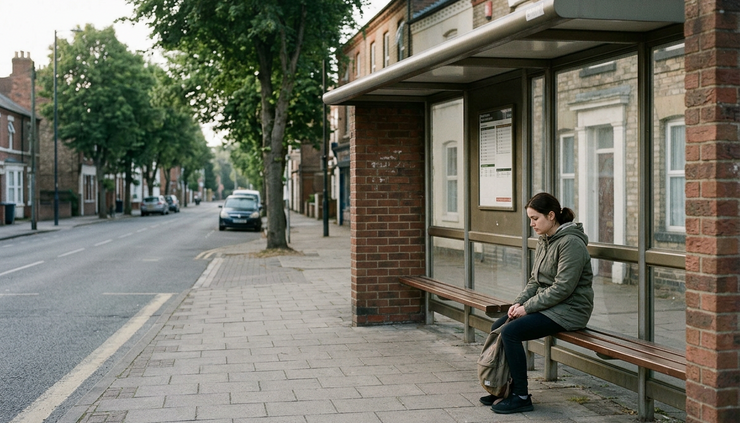 Wide-angle view of an empty bus stop on a quiet street
