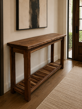 Custom wood entryway console table with lower shelf handcrafted by Pelican State Woodworks