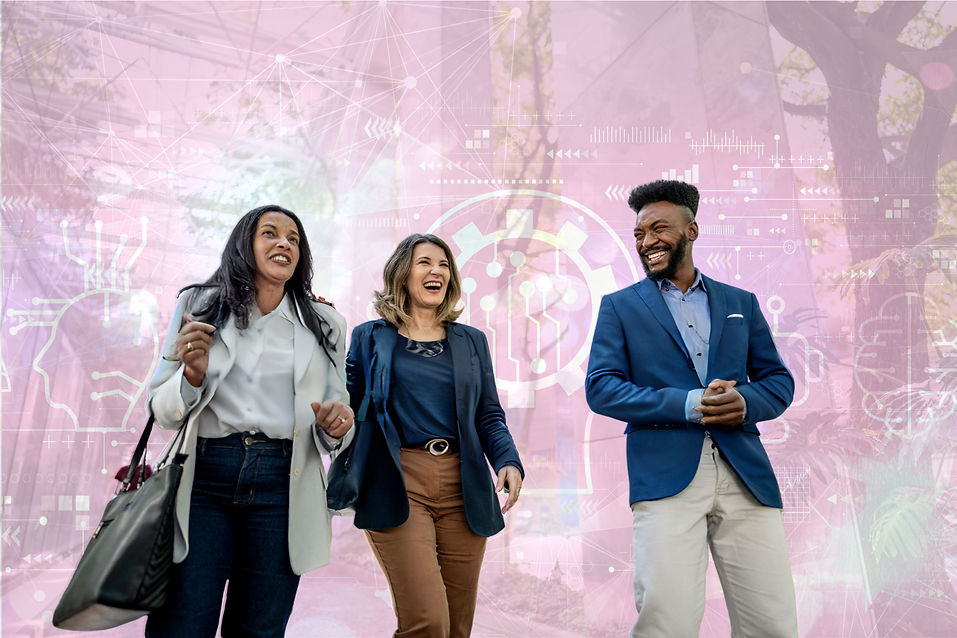 Group of professionals smiling and collaborating, overlaid with digital and circuit-inspired graphics symbolizing AI-powered human connection.