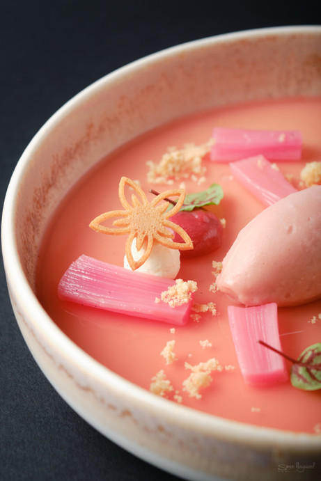 Rhubarb dessert in a bowl course for Chez Roux Restaurant at the Epsom Derby