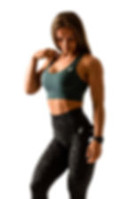 Model in donkergroene sportbeha toont de voorkant met subtiele halslijn.