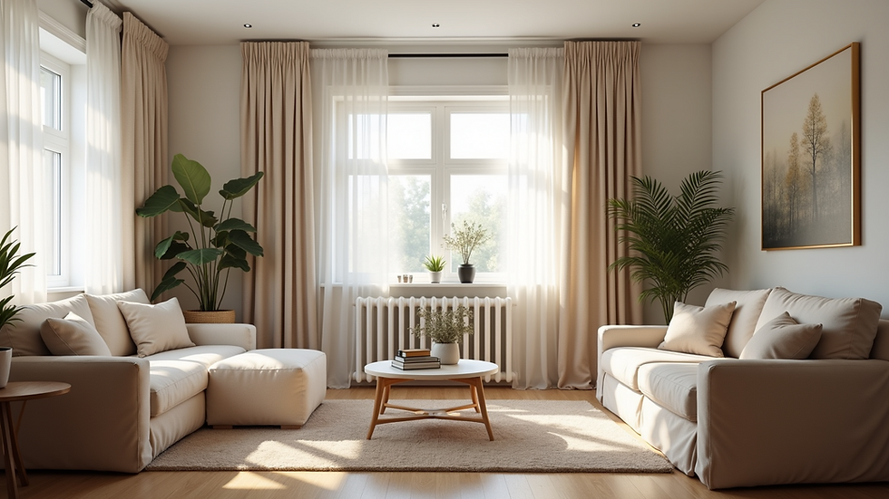 Eye-level view of a well-maintained living room with natural light