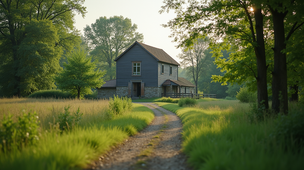 Wide angle view of Aldie Mill surrounded by greenery