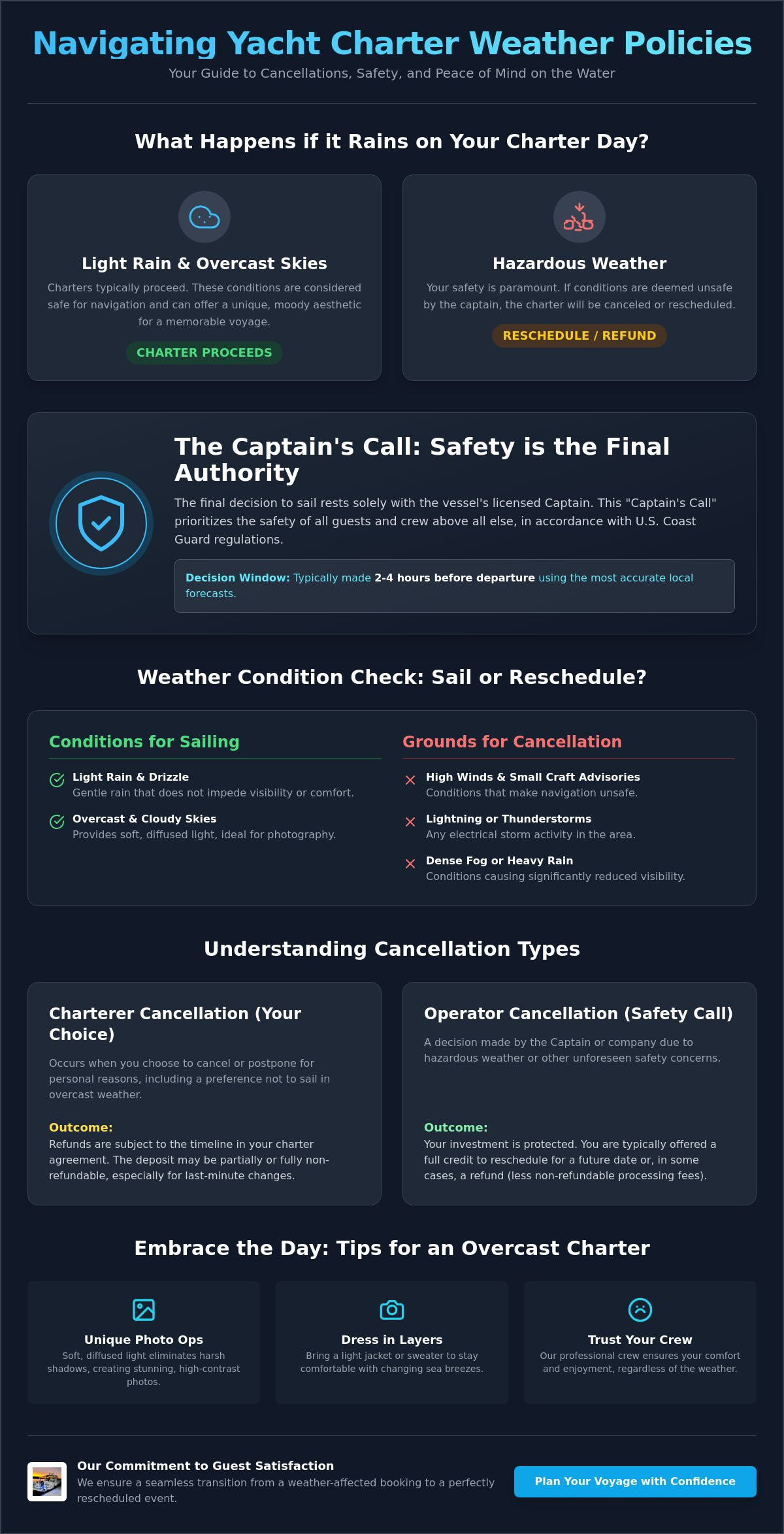What is the cancellation policy for yacht charters if it rains