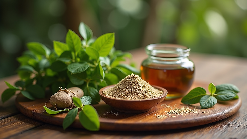 High angle view of Ayurvedic herbs on a wooden table