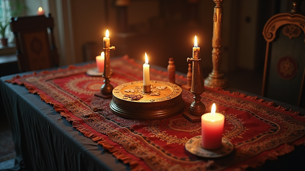 High angle view of an altar setup for spellcasting