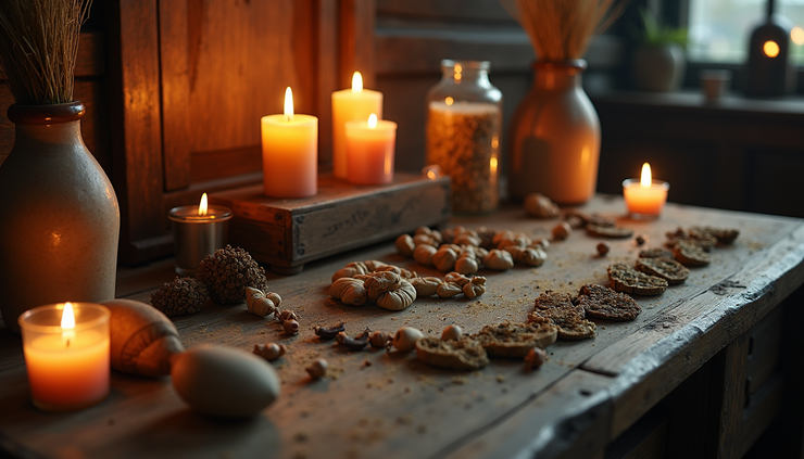 Eye-level view of a traditional Hoodoo altar with candles, herbs, and charms