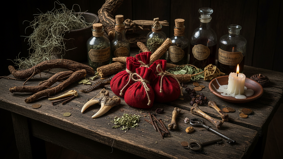 Close-up view of traditional hoodoo roots and herbs arranged on a wooden table