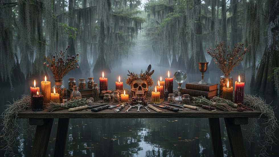 Eye-level view of a rustic altar with candles, herbs, and spiritual tools