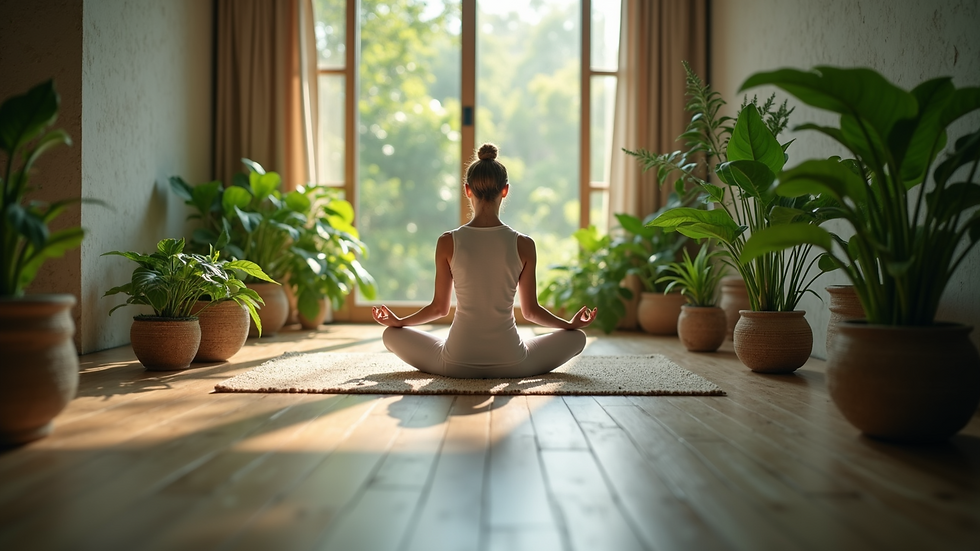 Eye-level view of a tranquil meditation space surrounded by plants