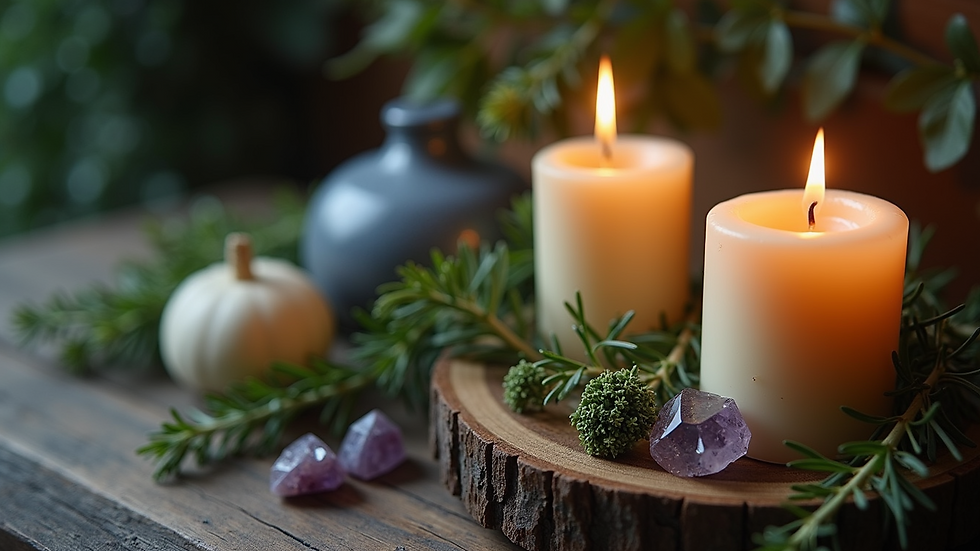 Close-up view of a spell candle with herbs and crystals