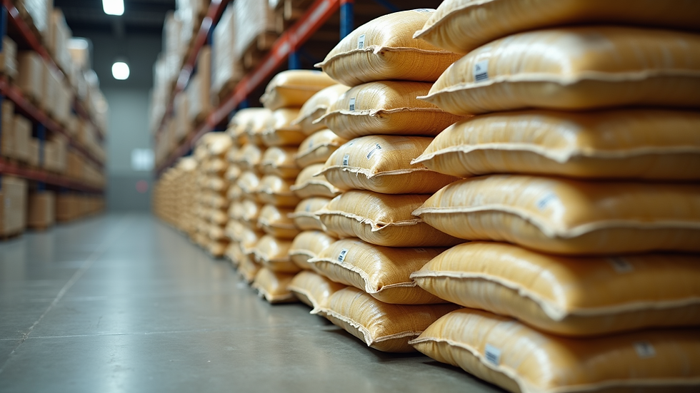 Eye-level view of packaged 1121 Basmati rice bags stacked in a warehouse