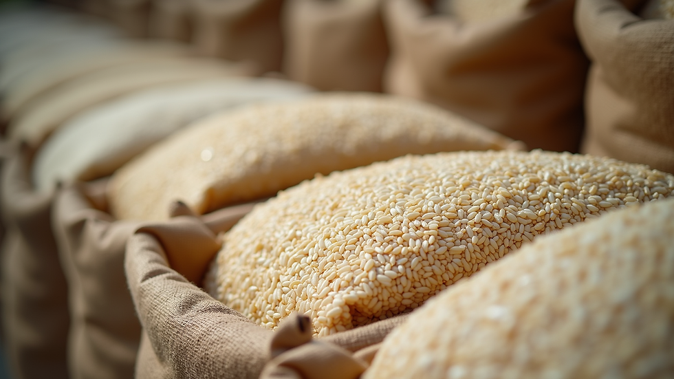 Close-up view of packaged organic Indian rice bags ready for export