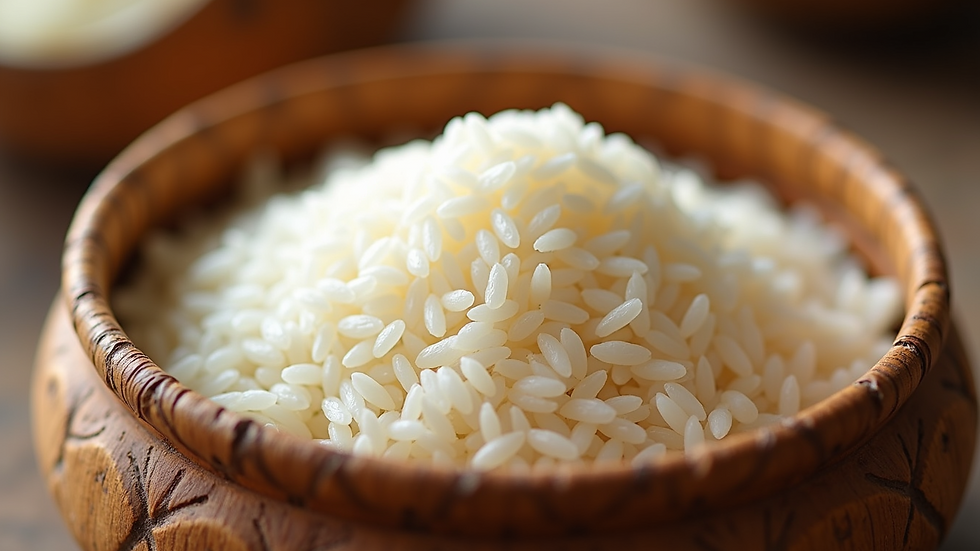 Close-up view of polished Basmati rice grains in a traditional Indian basket