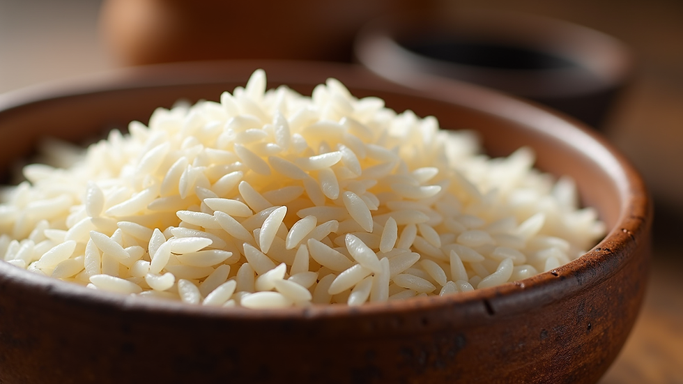 Close-up view of premium Indian rice grains in a traditional bowl